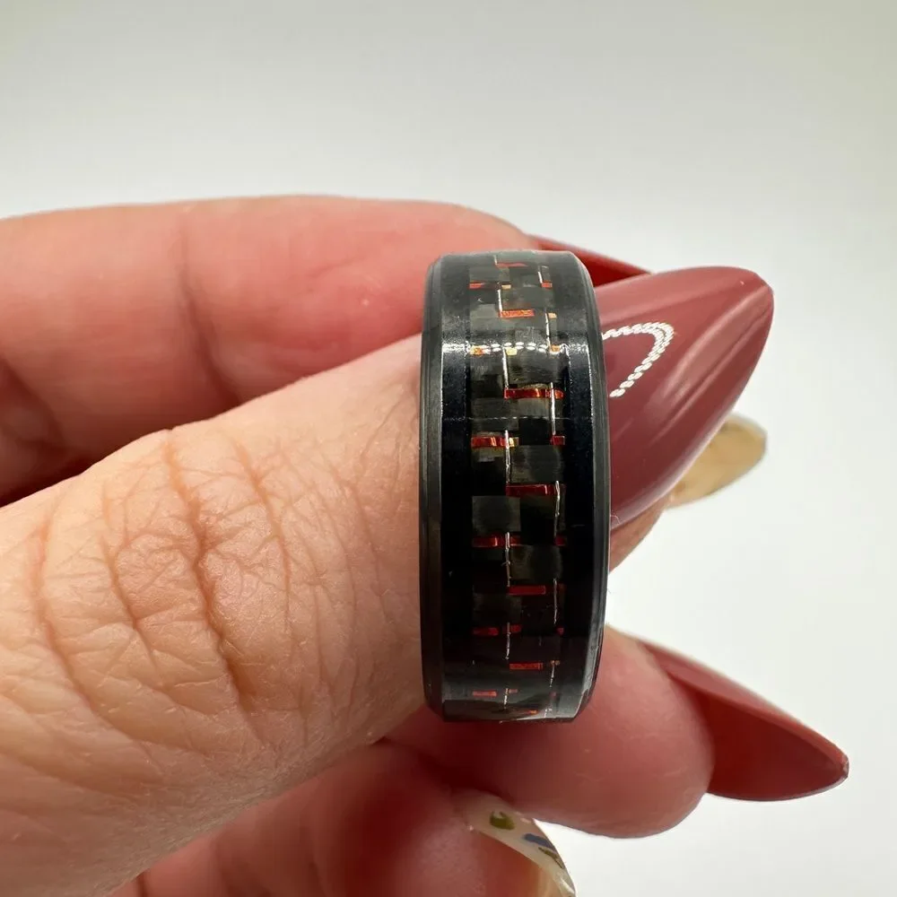 Men's 11.75 black toned‎ metal with woven design in red, ring/wedding band!